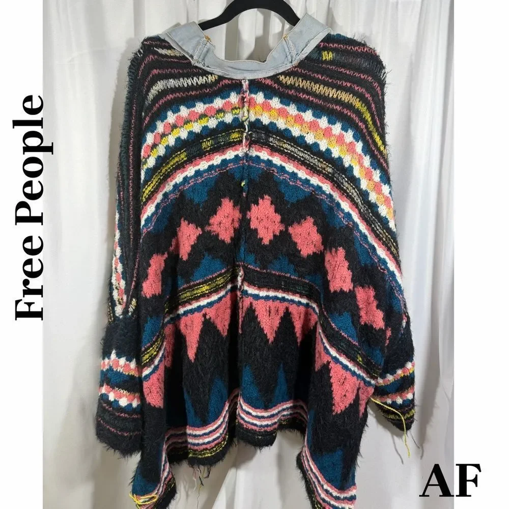 Free People Running Wild Poncho in Black Lighting XS/S New
